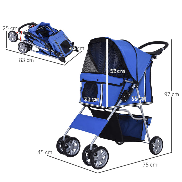 PawHut Dog Pram Pet Stroller Dog Pushchair Foldable Travel Carriage with Wheels Zipper Entry Cup Holder Storage Basket Blue