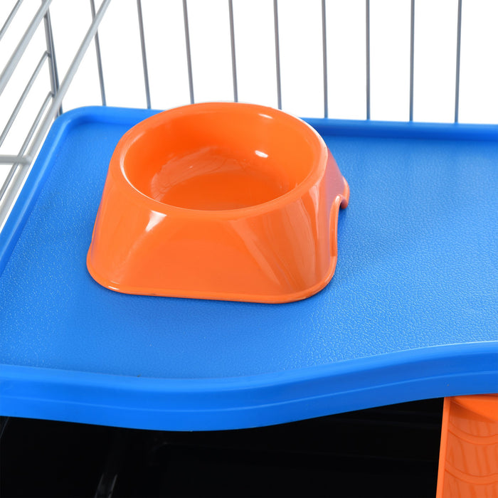 PawHut Steel Small 2-Tier Small Animal Cage w/ Accessories Blue/Orange