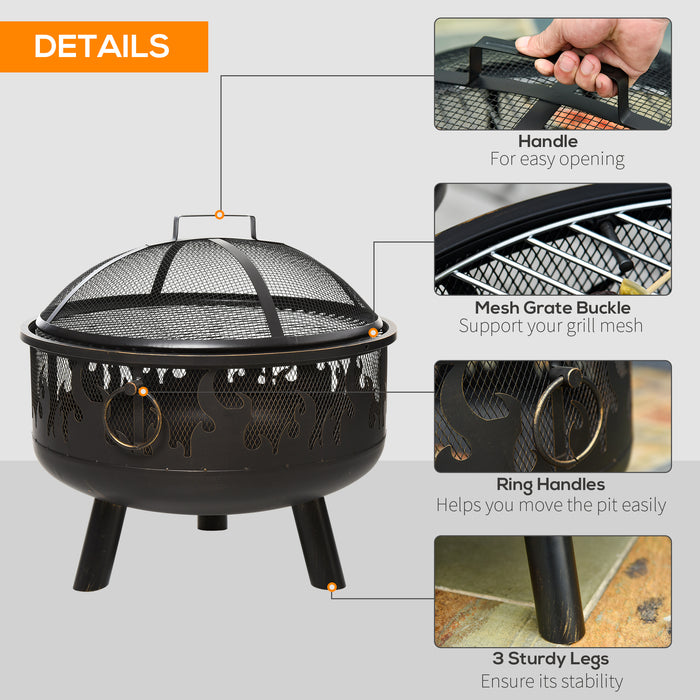 2-in-1 Outdoor Fire Pit with Cooking Grate Steel BBQ Grill Bowl Heater with Spark Screen Cover, Fire Poker for Backyard Bonfire Patio