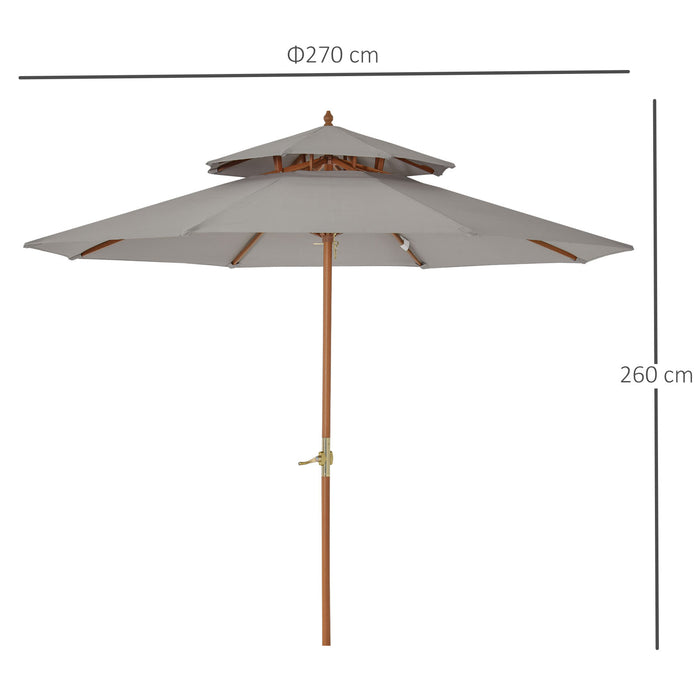 2.7 m Double Tier Outdoor Patio Garden Sun Umbrella Sunshade Wooden Parasol Grey Shade Canopy