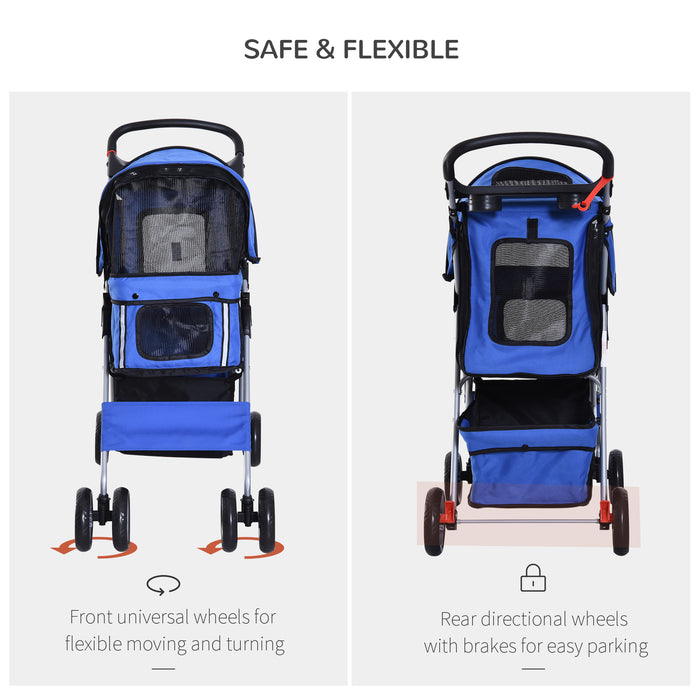 PawHut Dog Pram Pet Stroller Dog Pushchair Foldable Travel Carriage with Wheels Zipper Entry Cup Holder Storage Basket Blue