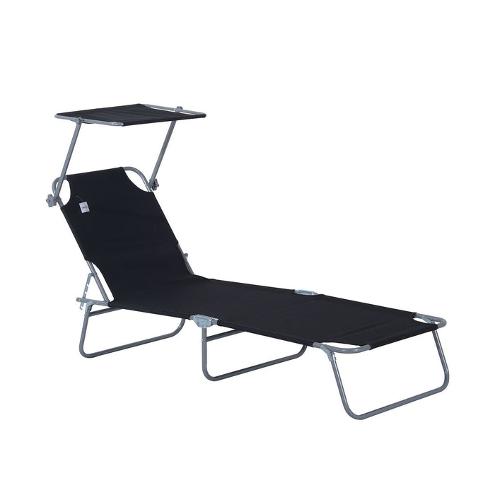 Reclining Chair Sun Lounger Folding Lounger Seat with Sun Shade Awning Beach Garden Outdoor Patio Recliner Adjustable (Black)