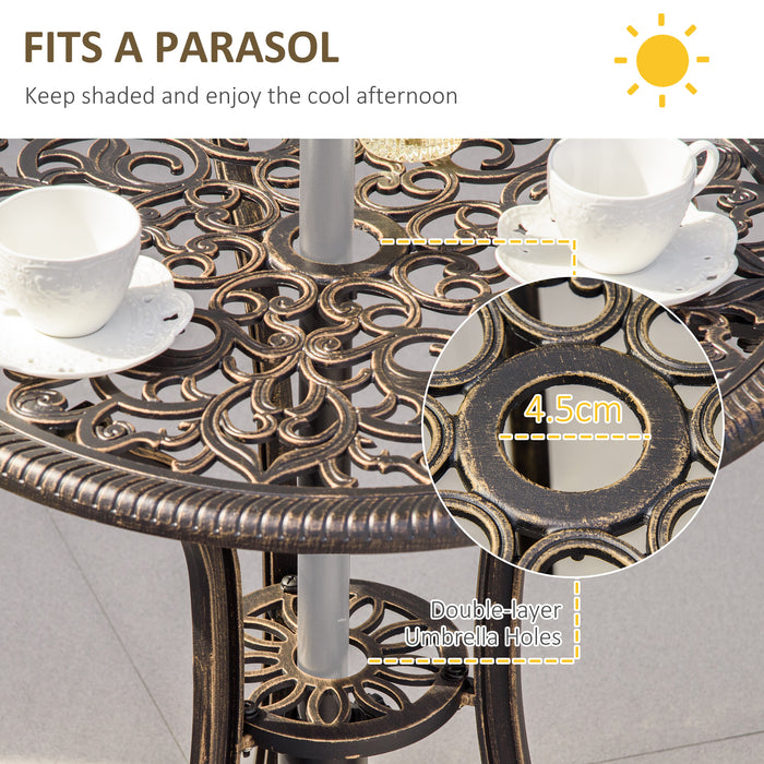 3 Piece Cast Aluminium Garden Bistro Set for 2 with Parasol Hole, Outdoor Coffee Table Set with Cushions - Bronze
