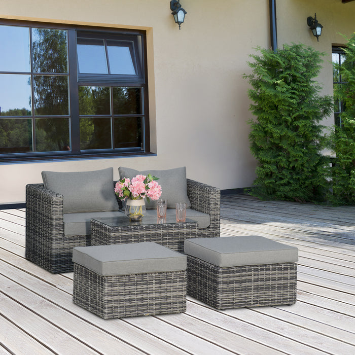 2 Seater Rattan Garden Furniture Set w/ Tall Glass-Top Table Aluminium Frame Balcony Sofa, Mixed Grey