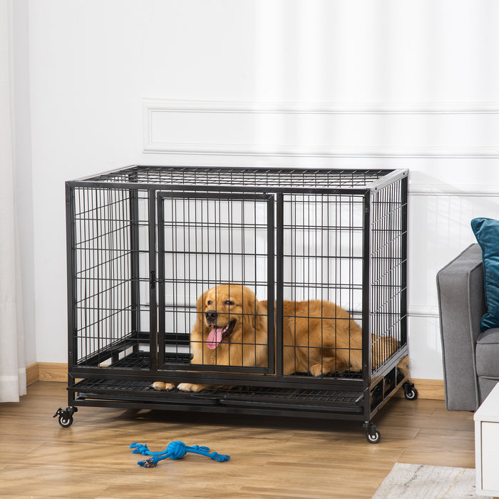 PawHut 43" Heavy Duty Metal Dog Kennel Pet Cage with Crate Tray and Wheels - Black (Large)