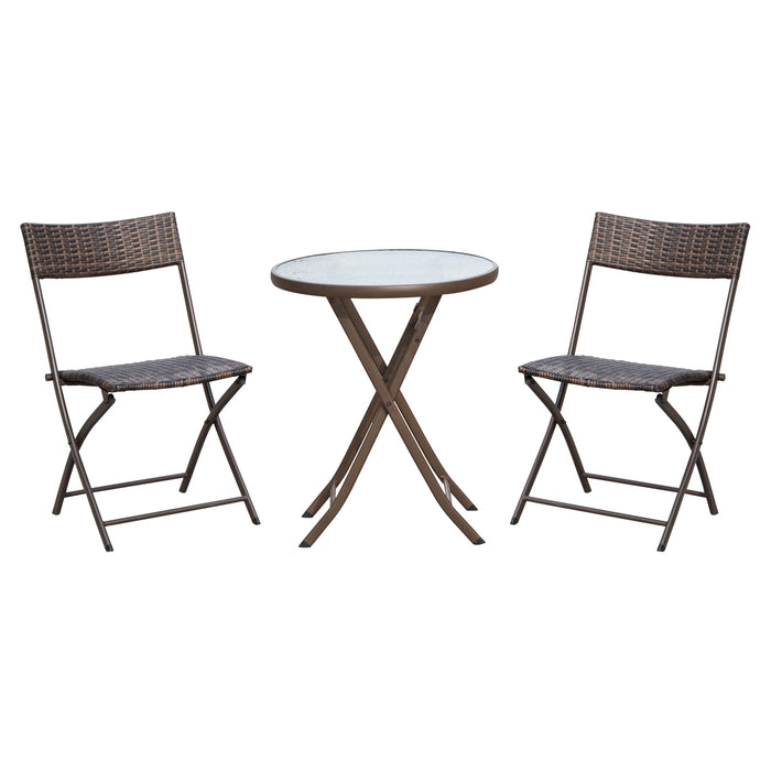 Rattan Bistro Set 2-Seater Garden Furniture Folding Rattan Chair Glass Topped Coffee Table Patio Balcony Wicker Furniture, Brown