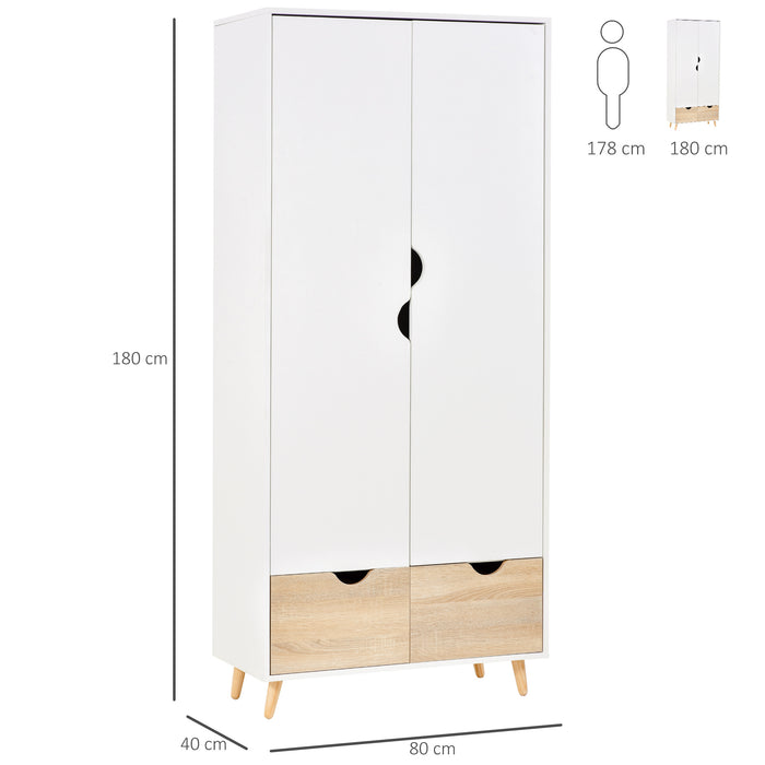 2-Door Clothes Wardrobe w/ Rail Shelf 2 Drawers Wood Feet Elegant Home Storage Organisation Furniture Dresses Coats Blankets Shoes White