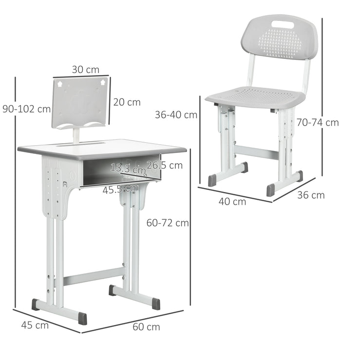 Kids Desk and Chair Set, Height Adjustable Study Table Set with Storage Drawer, Book Stand, Cup Holder, Pen Slot, Grey