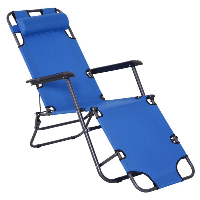 2 in 1 Sun Lounger Folding Reclining Chair Garden Outdoor Camping Adjustable Back with Pillow (Blue)