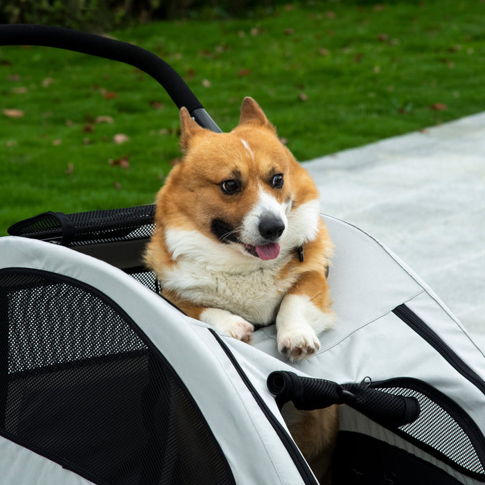PawHut Pet Stroller for Medium Dogs Cat Pushchair Buggy Pram with 4 Wheels Safety Leash Zipper Doors Mesh Windows Storage Bag, Grey