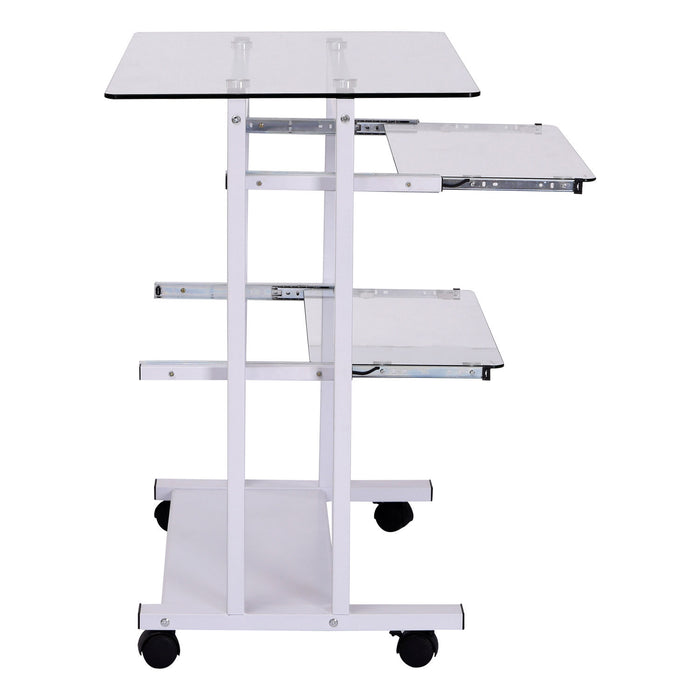 Computer Desk Glass Table Workstation Laptop pc desk mobile with wheels White