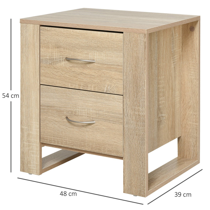 2 Drawer Modern Boxy Bedside Table w/ Handles Elevated Base Melamine Coating Bedroom Storage Furniture Night Stand Organisation Oak Brown