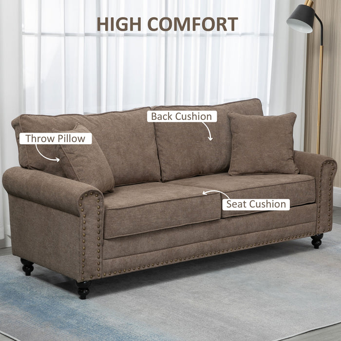 2 Seater Sofas for Living Room, Fabric Sofa with Nailhead Trim, Loveseat with Cushions and Throw Pillows, Brown