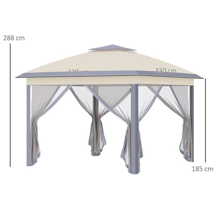 11' x 11' Pop Up Canopy, Double Roof Foldable Canopy Tent with Zippered Mesh Sidewalls, Height Adjustable and Carrying Bag, Event Tent Beige