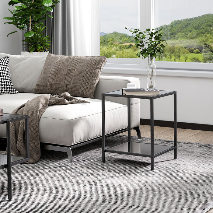 Side Table with Tempered Glass Top, End Table with 2-Tier Storage, Classic Accent Table with Steel Frame, Black