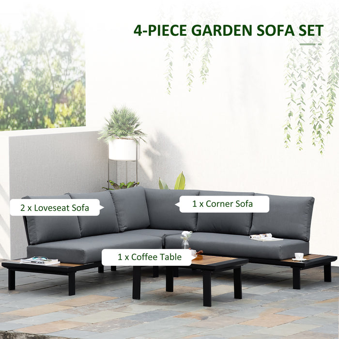 4 Pieces Aluminium Garden Furniture Set Indoor Outdoor L Shape Corner Conversation Set with Coffee Table Cushioned Patio, Grey