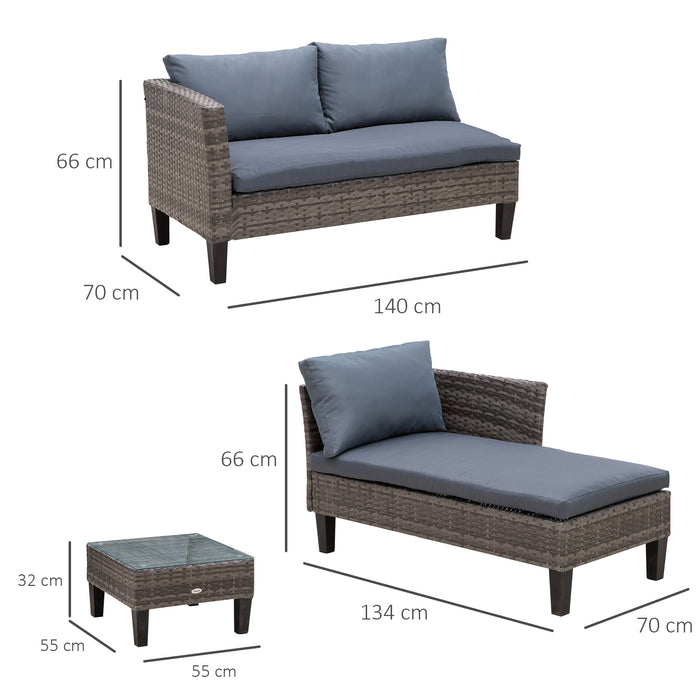 3 Pcs Garden Sofa PE Rattan Set w/ 2 Seats Square Glass Top Coffee Table Thick Cushions Solid Legs Metal Frame Patio L Corner Shape - Grey