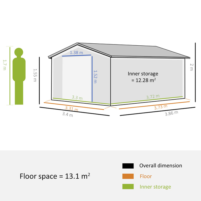 13 x 11 ft Metal Garden Shed Large Patio Roofed Tool Storage Box with Ventilation and Sliding Door, Deep Green