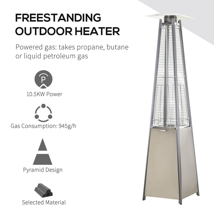 10.5KW Stainless Steel Outdoor Garden Patio Pyramid Heating Propane Gas Real Flame Heater Warmer Glass Tube w/ Wheels and Rain Cover, Silver