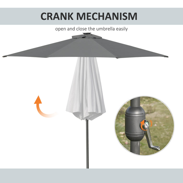 2.7m Patio LED Umbrella with Push Button Tilt/Crank 8 Ribs Sun Shade for Outdoor Table Market Umbrella Grey