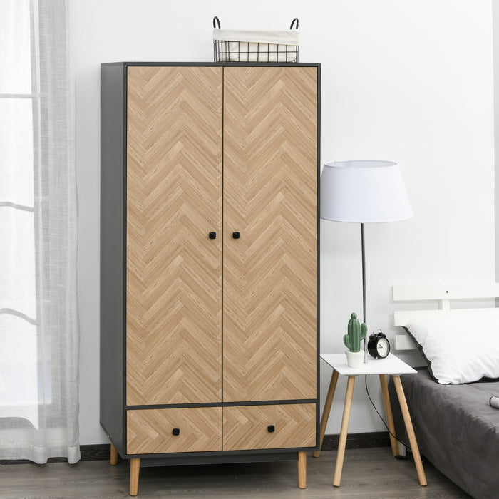 Modern Wardrobe Cabinet Wood Grain Sticker Surface with Shelf, Hanging Rod and 2 Drawers 90x50x190cm