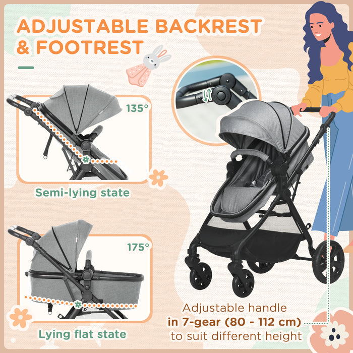 2 in 1 Lightweight Pushchair w/ Reversible Seat, Foldable Travel Baby Stroller w/ Fully Reclining From Birth to 3 Years, 5-point Harness Grey