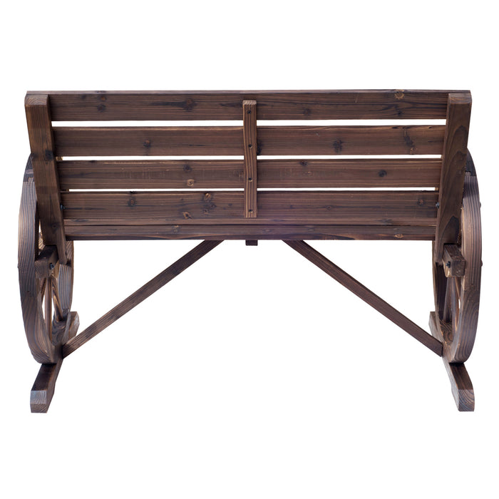 2 Seater Garden Bench Outdoor Garden Armrest Chair with Wooden Cart Wagon Wheel Rustic High Back Brown