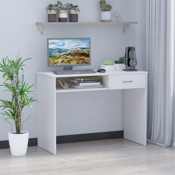 Modern Computer Work Desk Table Study w/ Shelf Drawer Standing Writing Station Display Stylish Storage Compact White