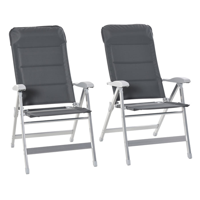 2 Pcs Patio Folding Dining Chair w/ Adjustable Back & Armrest Portable for Camping Garden Pool Beach Deck Grey