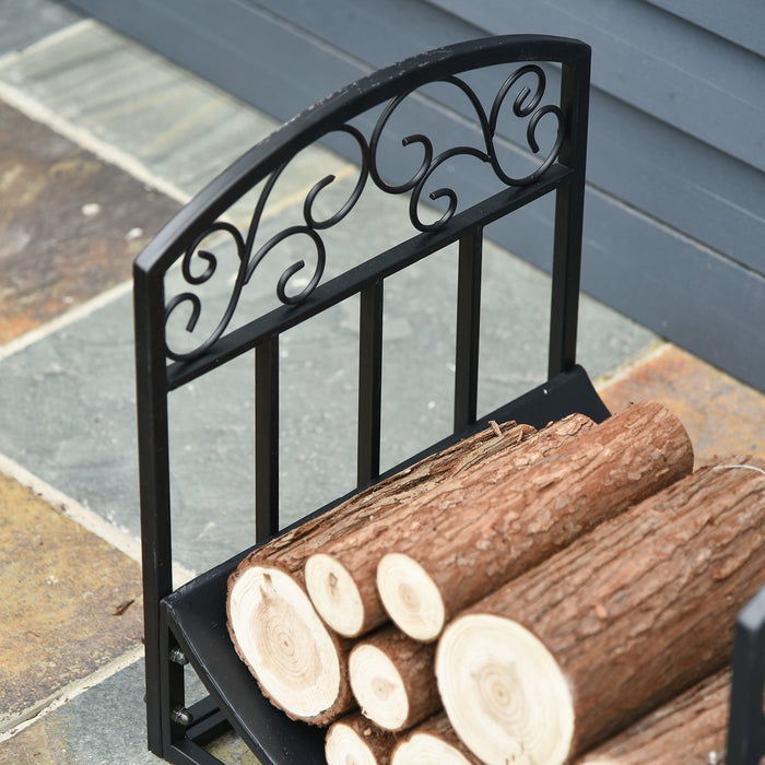 Wrought Iron Inner Arced Wood Log Holder Indoor Outdoor Storage Shelf w/ Elegant Scrolls Rust-Resistant Stacker Black