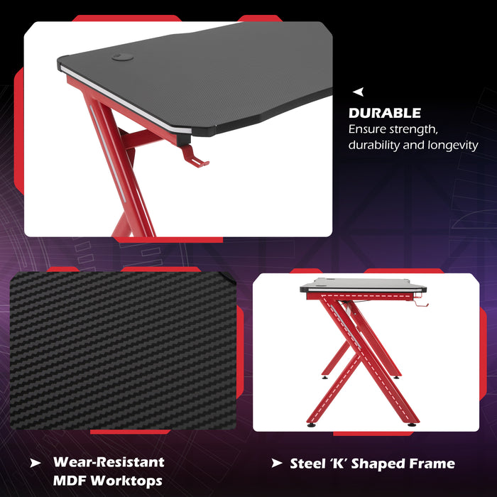 Gaming Desk Computer Table Metal Frame with LED Light, Cup Holder, Headphone Hook, Cable Hole, Red