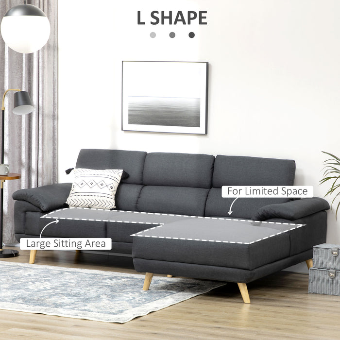Corner Sofas for Living Room, Fabric L Shaped Sofa Settee with Adjustable Headrest, 3 Seater Couch, Dark Grey