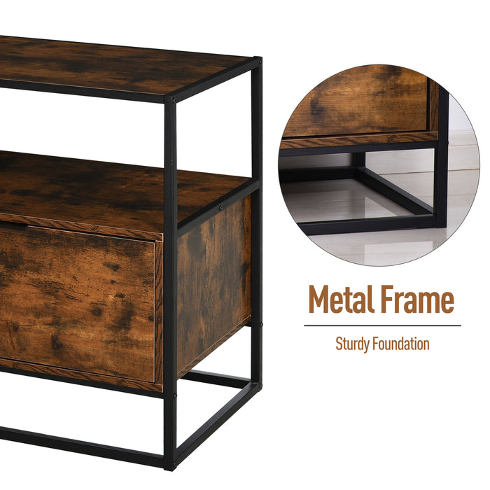 Industrial-Style Side Table w/ Drawer Open Shelf Steel Frame Large Base Two-Tone Retro Stylish Home Furniture Bedroom Living Room