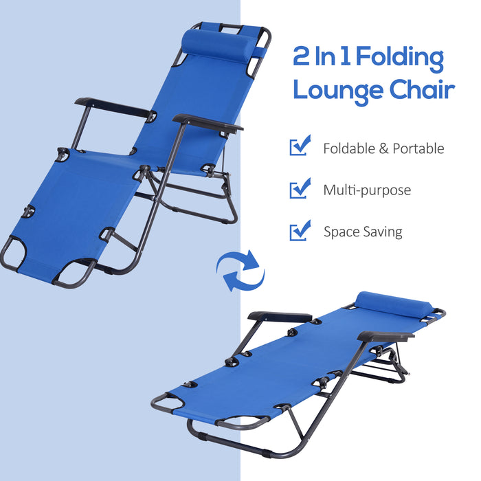 2 in 1 Sun Lounger Folding Reclining Chair Garden Outdoor Camping Adjustable Back with Pillow (Blue)