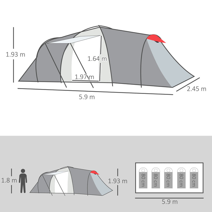 4-6 Man Tunnel Tent with 2 Bedroom, Living Area and Vestibule, Large Camping Tent, 2000mm Waterproof, UV50+, Portable with Bag, for Fishing