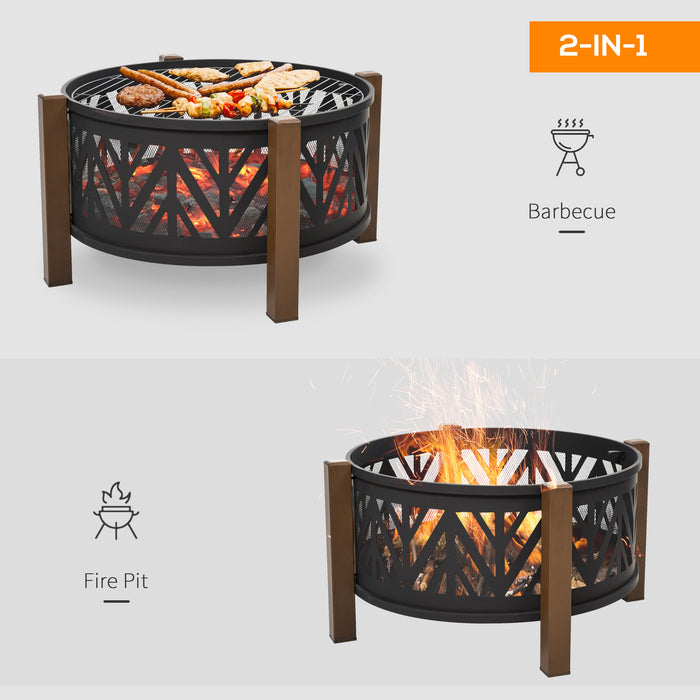 2-in-1 Outdoor Fire Pit Bowl with BBQ Grill Grate 30" Steel Heater with Spark Screen Cover, Fire Poker for Backyard Bonfire Outdoor Cooking