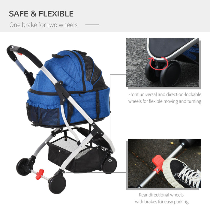 PawHut Detachable Pet Stroller Pushchair Foldable Dog Cat Travel Carriage 2-In-1 Design Carrying Bag Dark Blue
