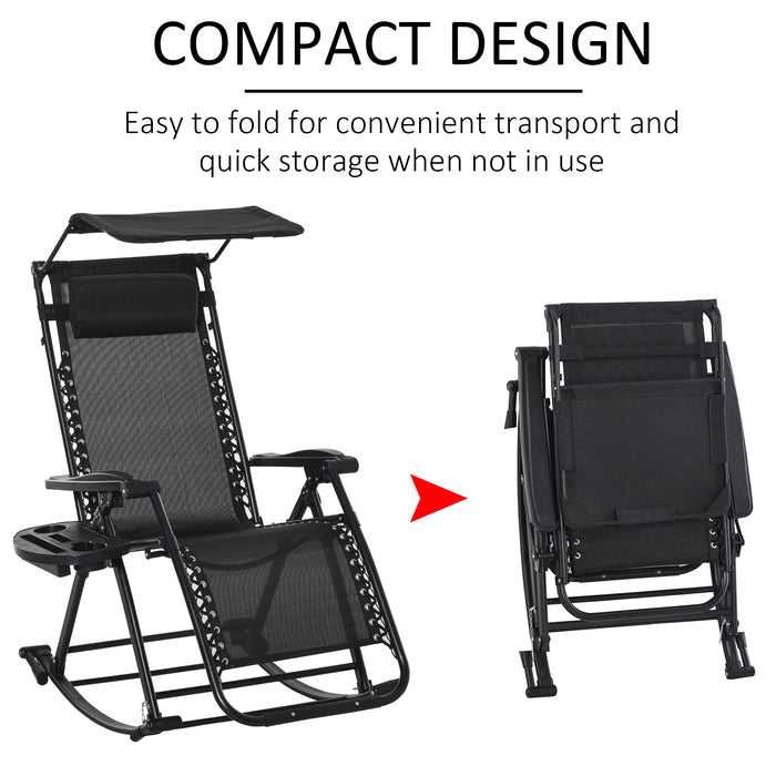 Garden Rocking Chair Folding Recliner Outdoor Adjustable Sun Lounger Rocker Zero-Gravity Seat with Headrest Side Holder Patio Deck - Black