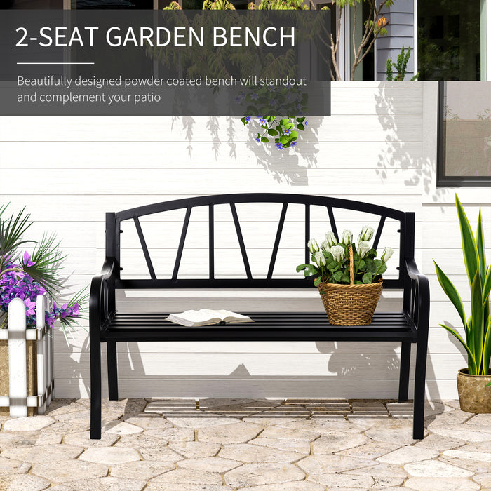 2-Seater Garden Bench Solid Metal Loveseat Outdoor Furniture for Patio Family Chair w/ Decorative Backrest Ergonomic Armrest