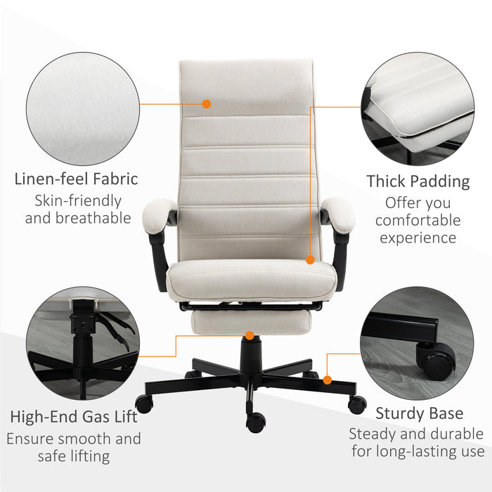 Vinsetto High-Back Home Office Chair, Linen Swivel Reclining Chair with Adjustable Height, Footrest and Padded Armrest for Living Room Cream White