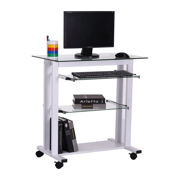 Computer Desk Glass Table Workstation Laptop pc desk mobile with wheels White