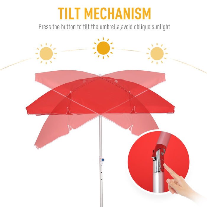 1.9m Arced Beach Umbrella 3-Angle Canopy Parasol w/ Aluminium Frame Pointed Spike Carry Bag Outdoor Sun Safe Shelter Patio Red