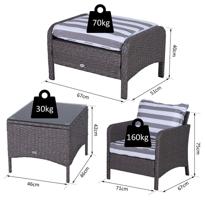 2 Seater PE Rattan Garden Furniture Set, 2 Armchairs 2 Stools Glass Top Table Cushions Wicker Weave Chairs Outdoor Seating