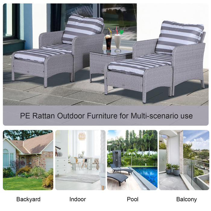 2 Seater PE Rattan Garden Furniture Set, 2 Armchairs 2 Stools Glass Top Table Cushions Wicker Weave Chairs Outdoor Seating - Grey