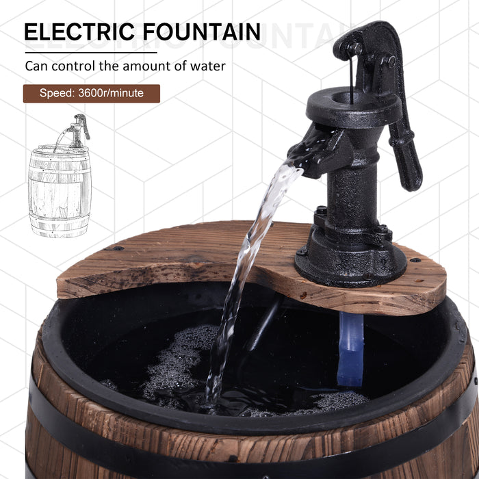 Wood Barrel Patio Water Fountain Electric Pump Garden Decorative Ornament with Flower Planter Decor