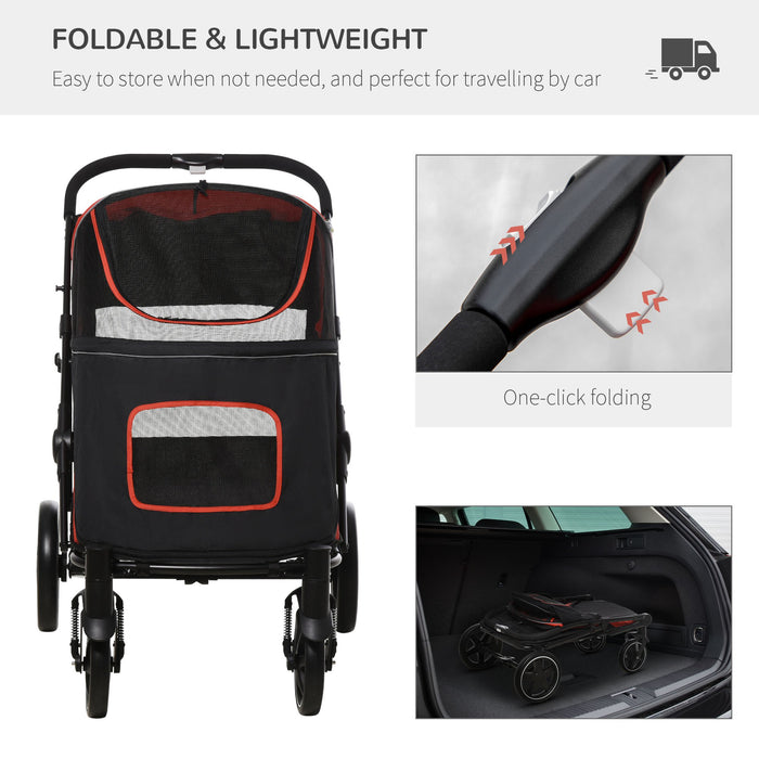 PawHut Pet Stroller with Universal Front Wheels, Shock Absorber, One Click Foldable Dog Cat Carriage with Brakes, Storage Bags, Mesh Window Red