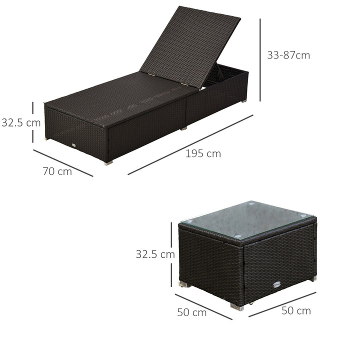 3PC Rattan Sun Lounger Garden Outdoor Wicker Recliner Bed Side Table Set Patio Furniture Dark Coffee