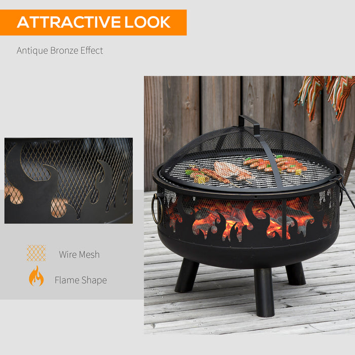 2-in-1 Outdoor Fire Pit with Cooking Grate Steel BBQ Grill Bowl Heater with Spark Screen Cover, Fire Poker for Backyard Bonfire Patio