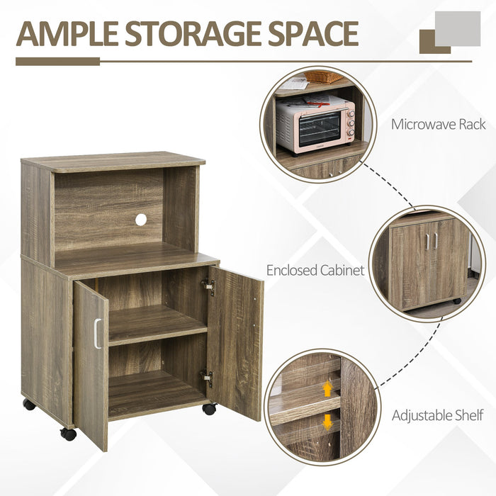 Microwave Cart on Wheels Utility Trolley Storage Sideboard Bookcase with 2-door Cabinet, 97H x 60.4W x 40.3Dcm, Grey