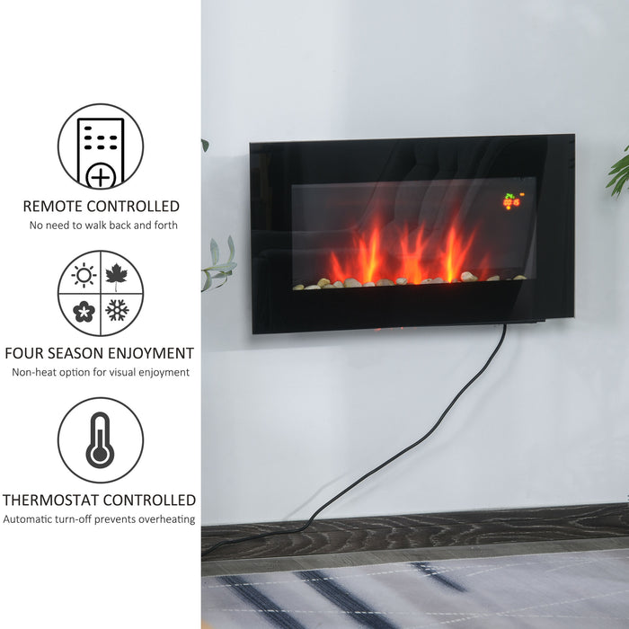 1000W Wall Mounted Tempered Glass Electric Fireplace Heater Wall Fires Black